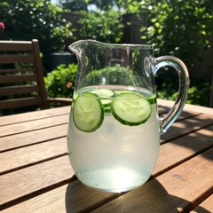 Refreshing Cucumber Water in Glass Pitcher on Wooden Table
