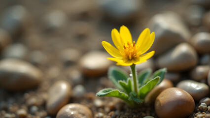 Yellow wildflower blooming in alluvial soil showing nature's beauty against mineral-rich earth background.