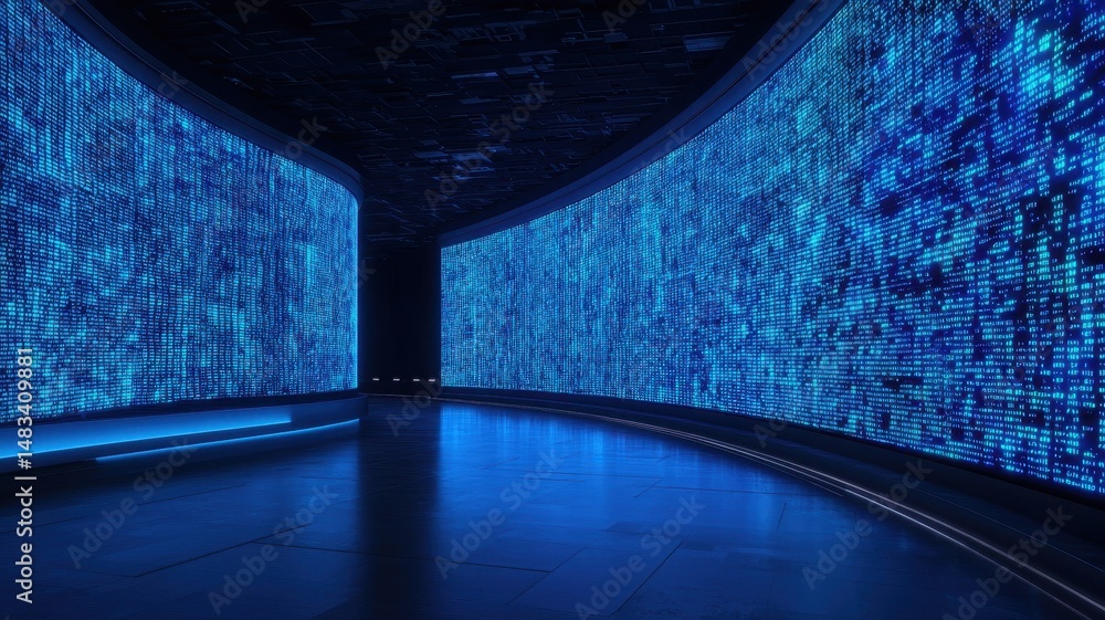 Poster curved digital screens display streams of blue data in a futuristic, high-tech environment.