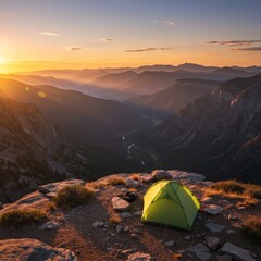 Lime Green Tent on Mountaintop at Sunrise