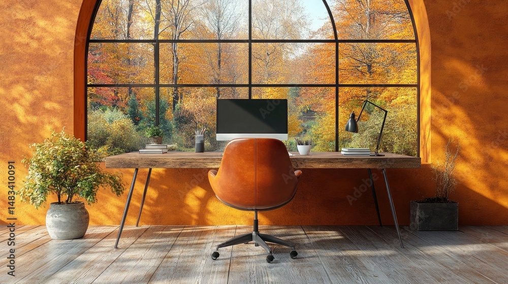 Poster cozy home office setup with large window and autumn forest view outside. ideal for depicting remote 