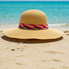 Beige Straw Sun Hat on Sandy Beach with Ocean View