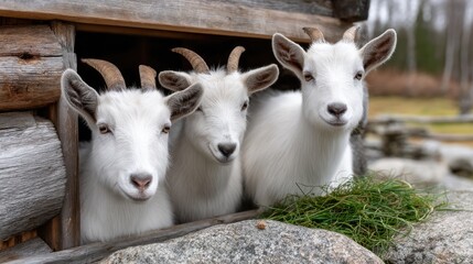 Fototapeta premium Several white goats enjoy eating fresh grass from wooden shelves in a peaceful farm environment during a sunny day