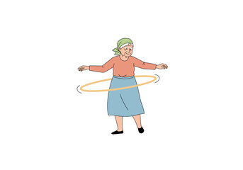 Elderly woman hula hooping while smiling in a playful stance. Vector illustration about health and physical activity of elderly people. Style - minimalism, pastel colors, white background.
