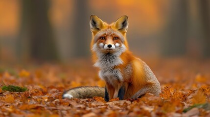 Naklejka premium Red Fox in Autumn Leaves