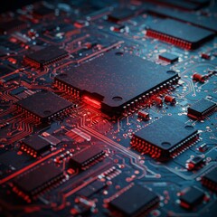 Obraz premium Close-Up of Red and Blue Circuit Board with Microchips