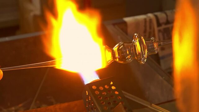 Detail of artisan glassblowing process using a torch to shape molten glass in Italian workshop