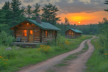Two log cabins with green roofs sit near a dirt path at sunset. Use this to show vacation, escape, and getting away from it all.