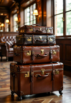 Set di eleganti valige da viaggio accatastate, sullo sfondo un ampio locale in stile classico