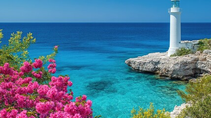 Vibrant seascape featuring a lighthouse and pink flowers.