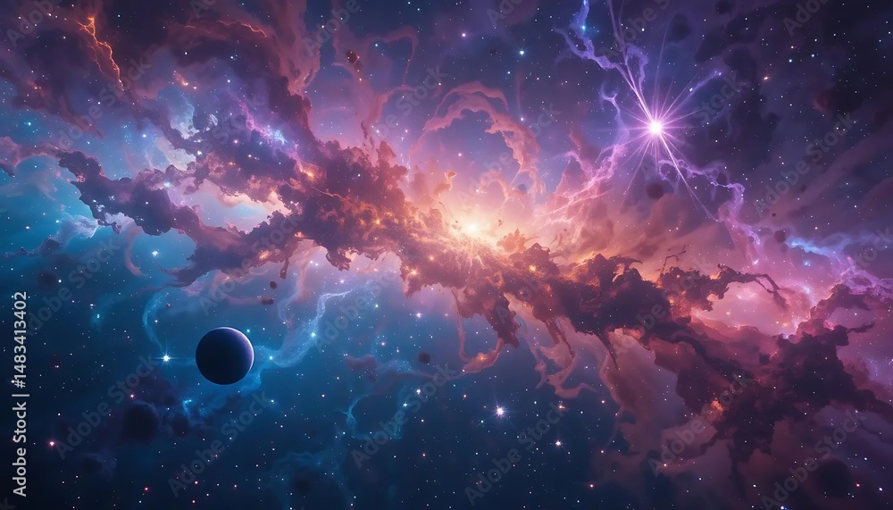 Poster stunning cosmic nebula illuminating the vast expanse of outer space with ethereal clouds and celesti