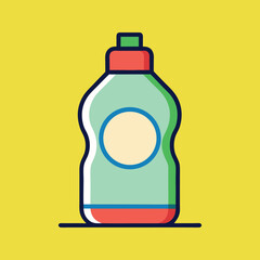 Cartoon illustration of colorful bottle with circular label on a yellow background