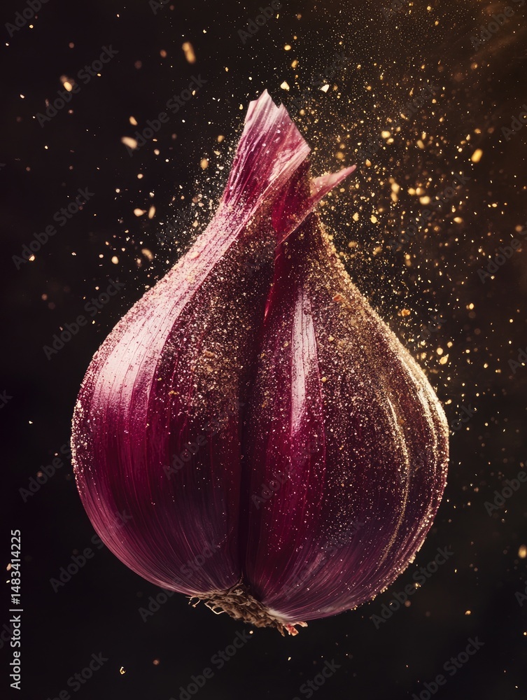 Poster isolated red onion bulb with shimmering golden particles against a dark background with soft focus e