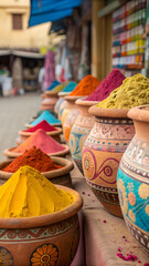 Vibrant powdered spices arranged in decorative clay pots at a lively market, reflecting culture, flavor, and artisanal traditions