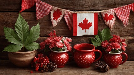 Canada Day Celebrations: A vibrant scene of Canada Day festivities, with the iconic Canadian flag, maple leaf decorations, and rustic elements. The image encapsulates the spirit of celebration.