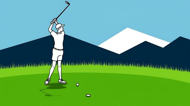 Golfer Taking a Swing Against Mountain Landscape - Simple Line Art Illustration
