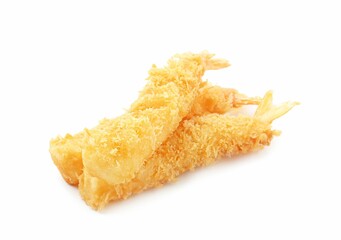 Three tasty tempura shrimps isolated on white