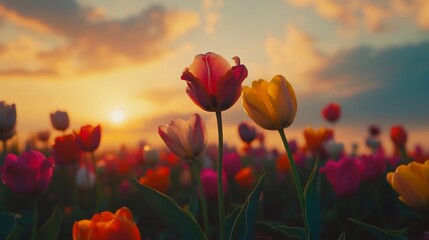 Fototapeta premium Vibrant tulip field at sunset