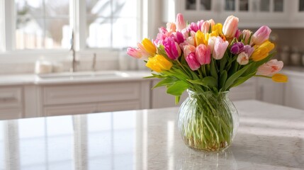 A beautifully crafted spring tulip arrangement accentuating a sunlit countertop with fresh seasonal colors