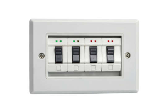 PNG Four-gang electrical switch panel with black and white toggles