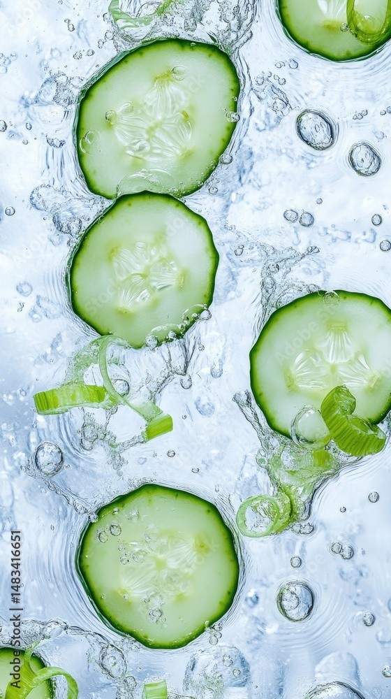 Poster overhead shot of fresh cucumber slices and green onions submerged in sparkling water creating a refr