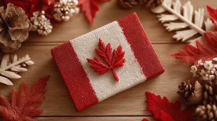Fototapeta premium Canadian Cookie Delight: A close-up shot of a beautifully crafted cookie shaped like the Canadian flag, adorned with a delicate maple leaf, amidst a rustic, inviting autumn-themed backdrop.