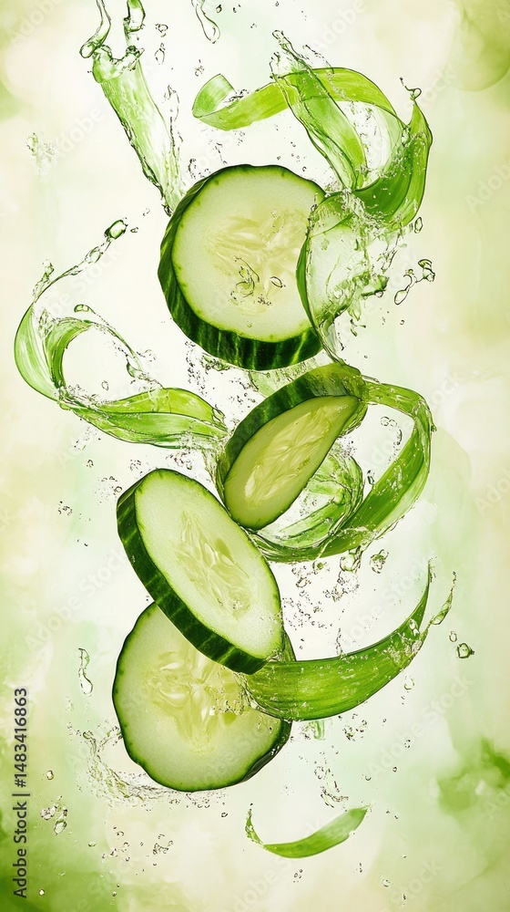 Poster Cucumber slices and green leaves in a dynamic water splash against a soft, gradient background creating a refreshing and vibrant visual composition with bright lighting.