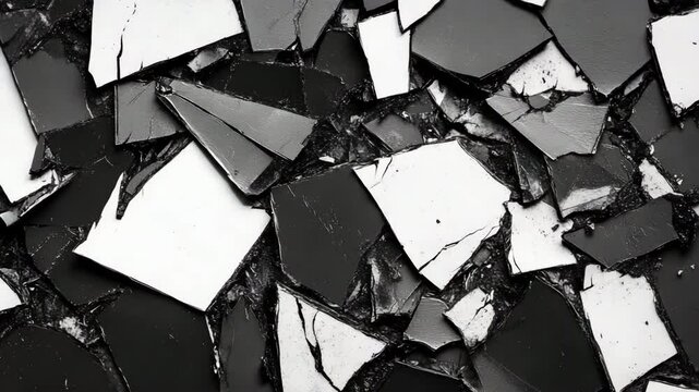 Abstract fragmented tile, monochrome shards, representing broken symmetry and dramatic texture, with copy space