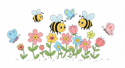 colorful illustration of flowers, bees and butterflies in a garden scene.