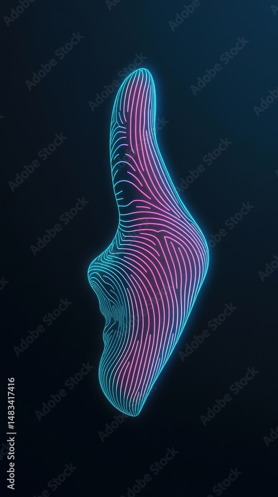 Poster abstract glowing figure. neon lines form shape. cyan and pink gradient. dark background. technology 