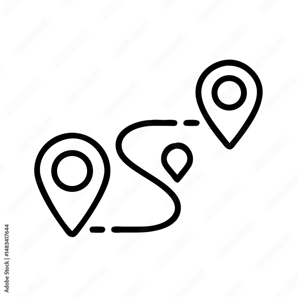 Poster route with location pins icon representing travel navigation, destination planning, and map guidance