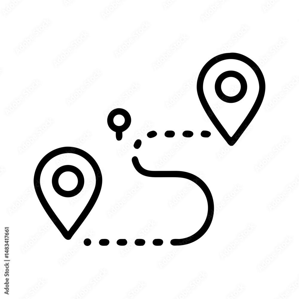Poster route with location pins icon representing travel navigation, destination planning, and map guidance