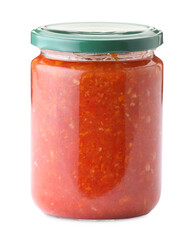 Tasty lecho in jar isolated on white