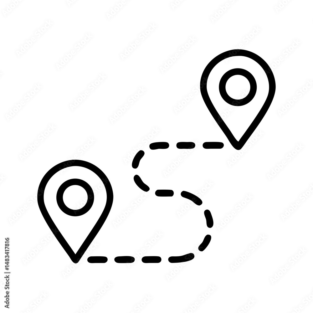 Poster route with two pin markers icon representing navigation path, travel direction, and location plannin