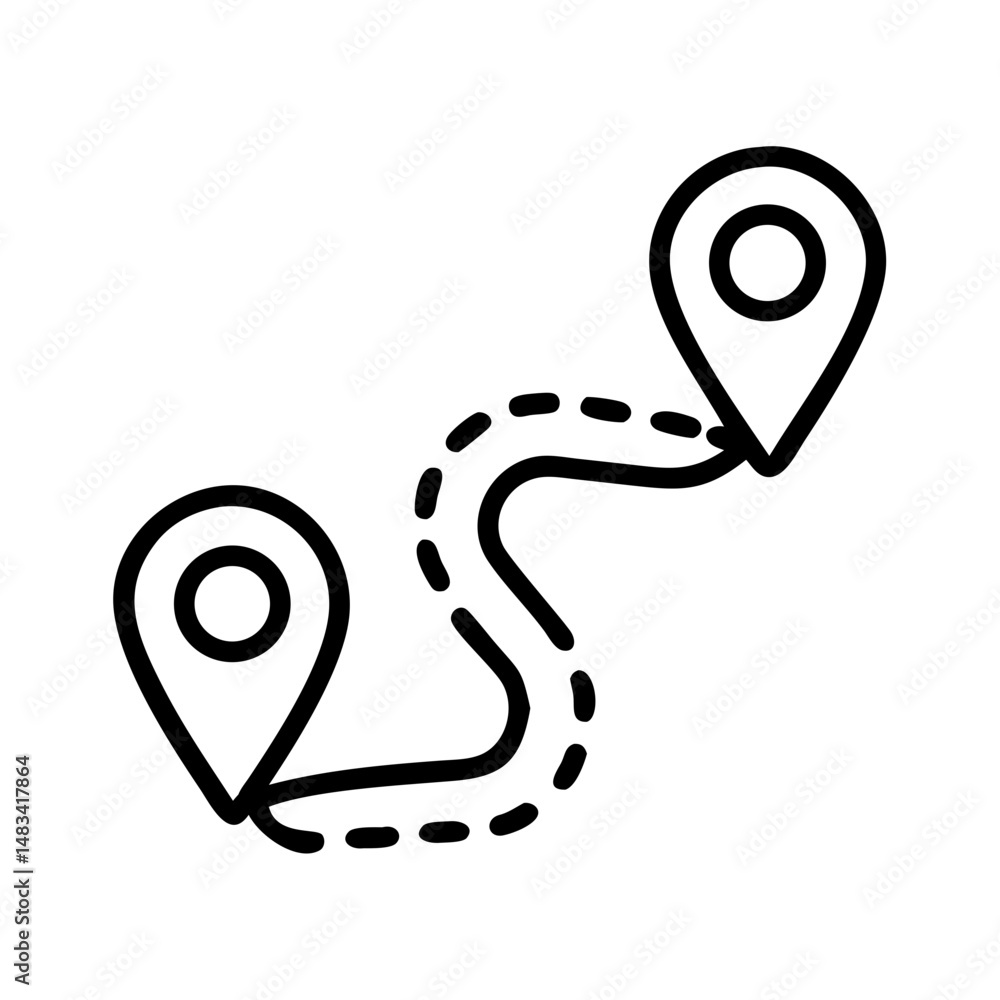 Poster route with two pin markers icon representing navigation path, travel direction, and location plannin