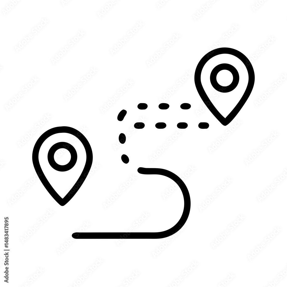 Poster route with two pin markers icon representing navigation path, travel direction, and location plannin