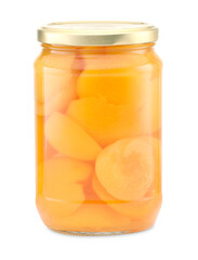 Tasty canned apricots in jar isolated on white