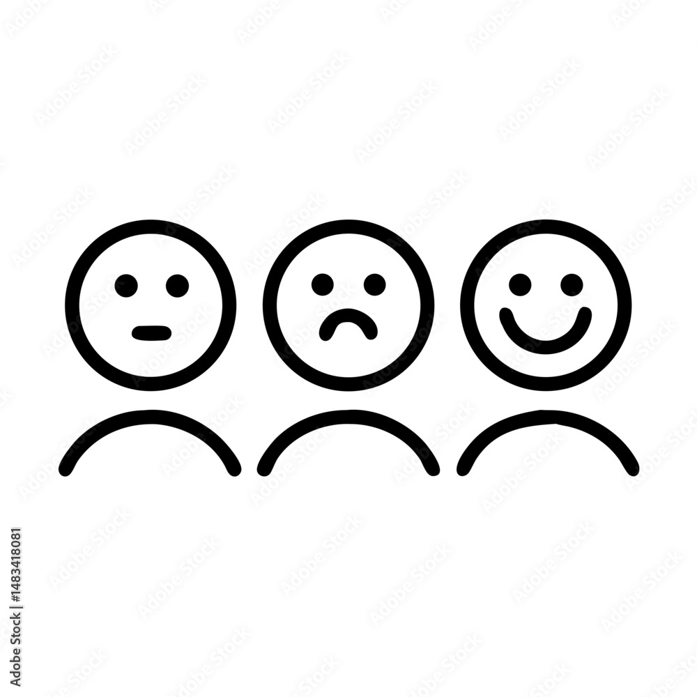 Poster sad and happy faces row icon representing emotional feedback, mood range, and user sentiment