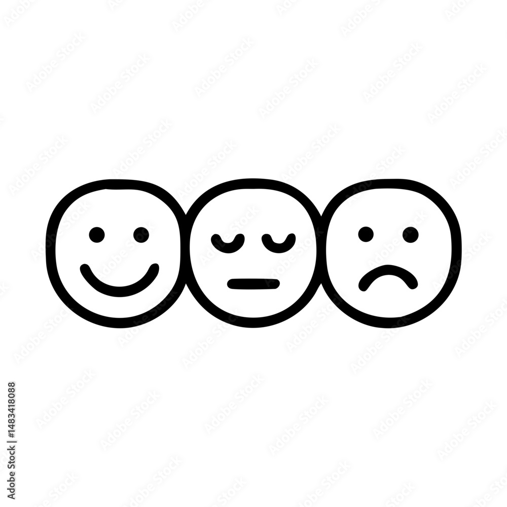 Poster sad and happy faces row icon representing emotional feedback, mood range, and user sentiment