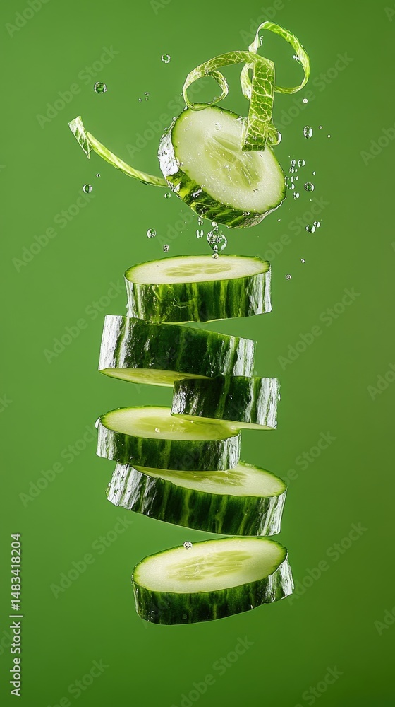 Poster sliced cucumber floating mid-air against a vibrant green background with water droplets creating a f