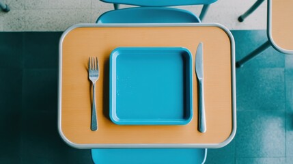 Bright school lunch tray awaits on a student desk under the warm glow of classroom lights, evoking thoughts of shared meals and camaraderie among peers