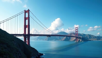 Fototapeta premium Sky blue suspension bridge soaring over a dramatic landscape Perfect for travel, infrastructure, or nature projects , space, cable stayed