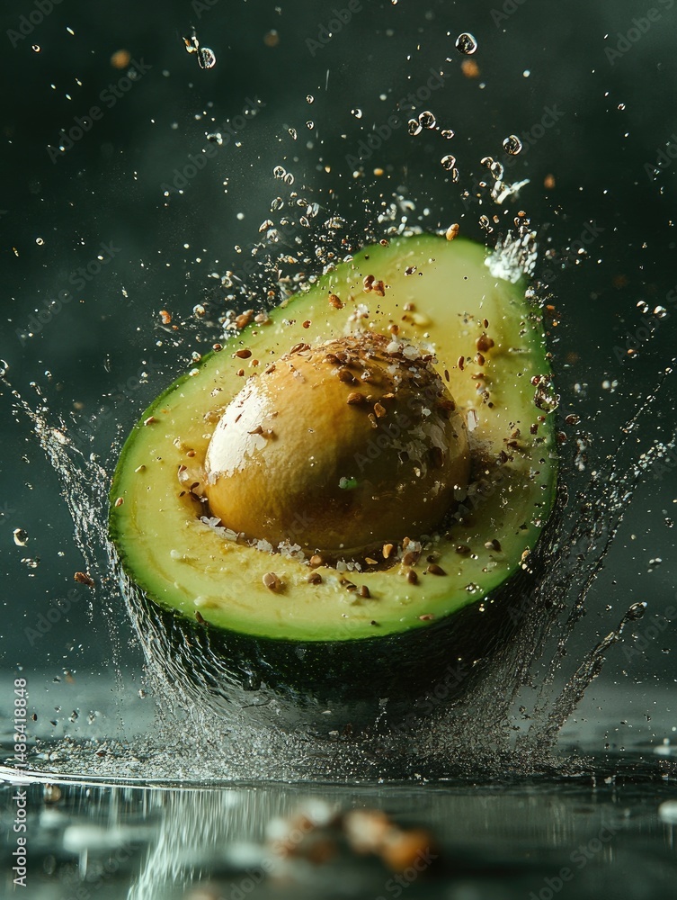 Poster close-up of a sliced avocado with the pit, water splash, and seasoning particles, set against a dark