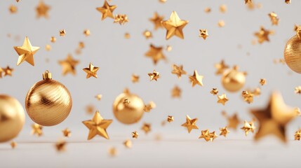 Golden Christmas decorations, floating stars and baubles