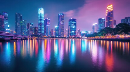 Fototapeta premium Night Cityscape Reflection: Vibrant Urban Lightscape