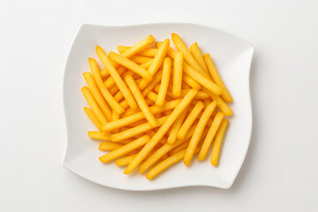 A plate of golden french fries on a white background.