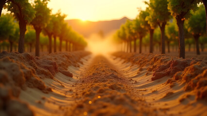 Sunset vineyard path with loamy soil, warm earth tones, agricultural landscape, rural scenery backdrop.