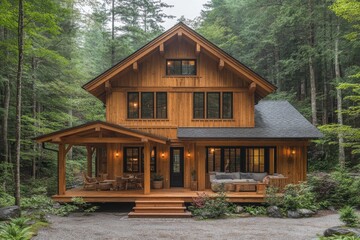 Wooden cabin in the forest is seen from its front porch. Picture promotes relaxation, vacation, and the architectural style.