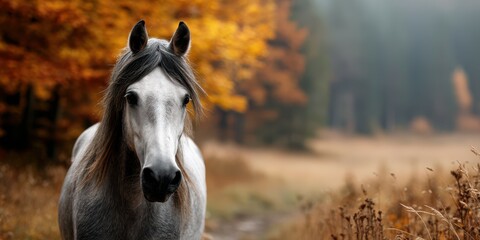 Gray horse stands calmly in an autumn forest with vibrant yellow leaves and soft mist during early morning