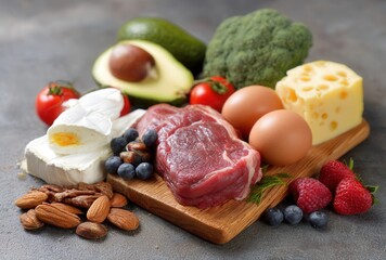 Balanced diet with fresh ingredients on wooden board.